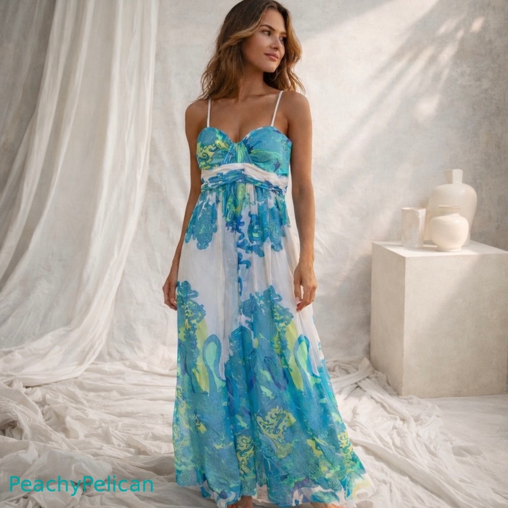 Caché Size 8 Blue Green Paisley Chiffon Maxi Dress Resort Evening Event Prom